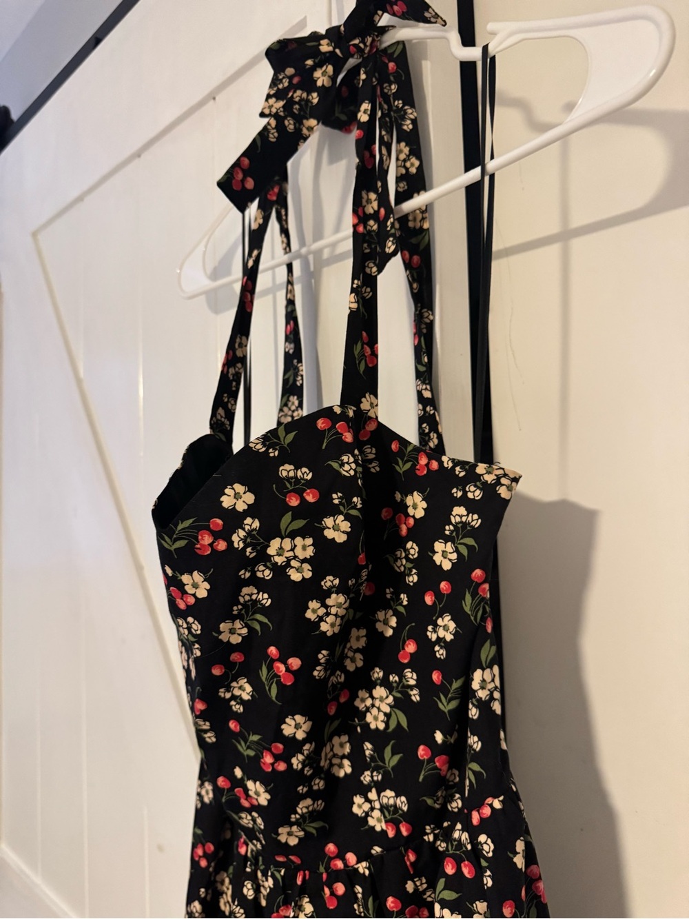 Express Black Strapless Dress with Cherry & Cream Floral Print
